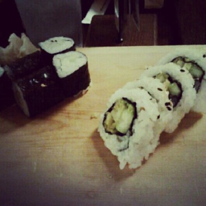 Friday night sushi with friends. Cucumber maki and sweet potato tempura roll. Demolished. 