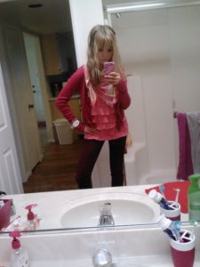 Outfit of the day (March 4): pink cropped cardigan (Abercrombie & Fitch), pink plaid scarf (American Eagle), pink ruffle tank (Abercrombie Kids), burgundy jeggings (Hollister), unpictured brown riding boots (Macy's). 